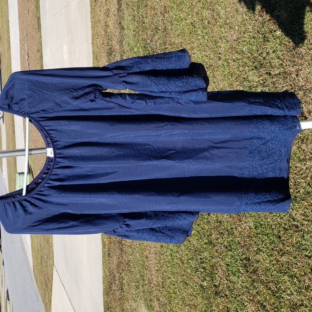 HoneyMe Navy Blue Mini Dress Bell Ruffle Sleeves, Floral Embroidery Small